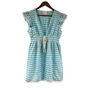 STS Sail To Sable Blue Striped Dress Medium Nautical Tie Waist 100% Cotton